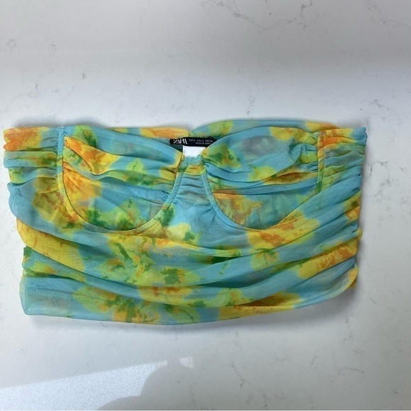 ZARA - TULLE MESH CORSET FLORAL CROPPED TOP green yellow blue neon Sz Large - Picture 5 of 12